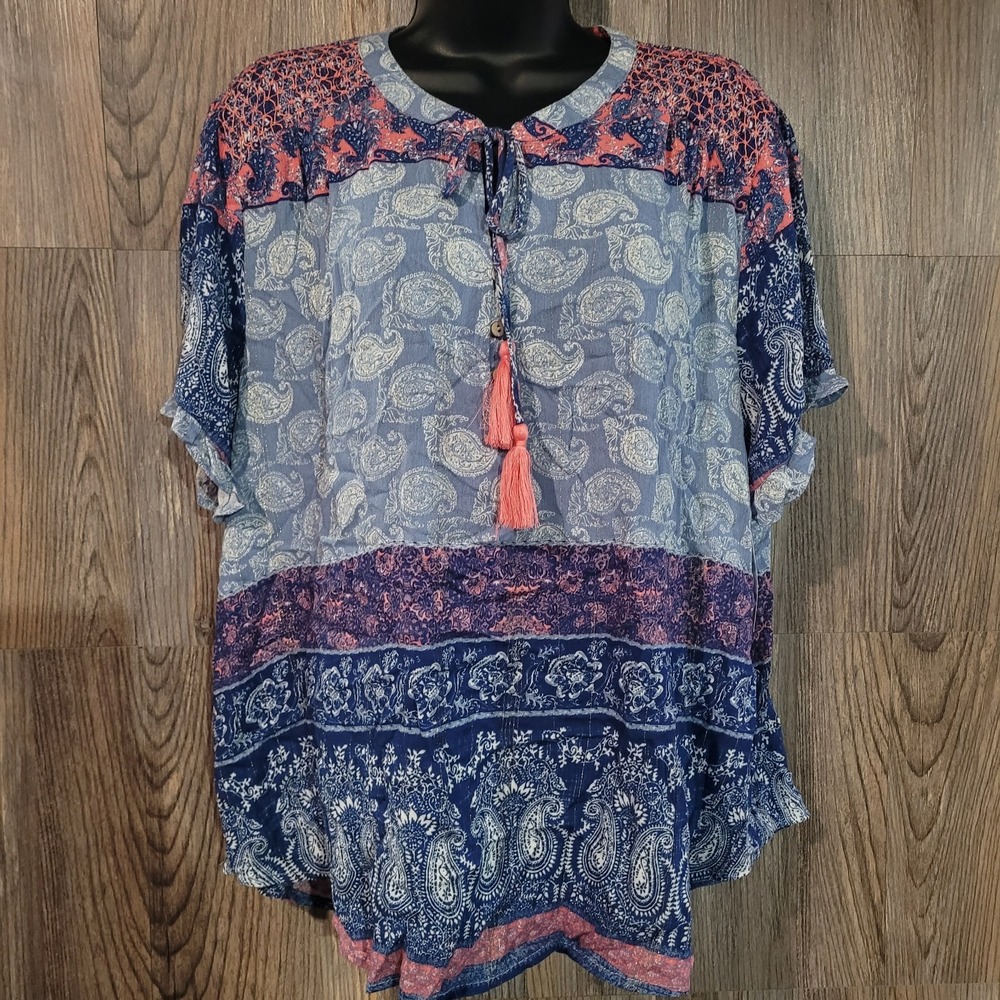 Farmers Market Metallic Peasant Blouse 2X Blue/Pink Bandana Print Tassel Boho